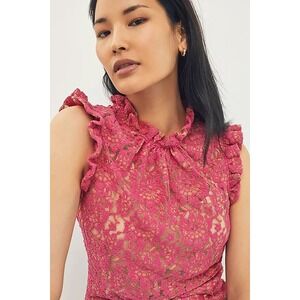 Dolan Anthropologie Pink Tan Lace Overlay Ruffle Cute Coquette Blouse Size Large